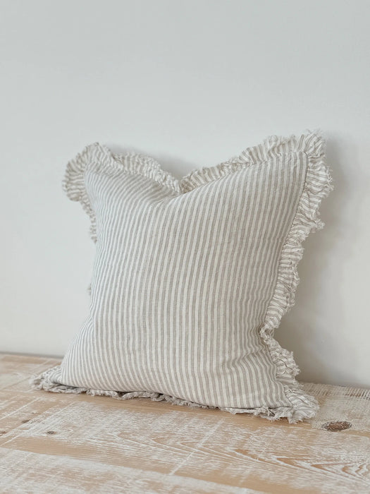 Hallie Natural Stripe Ruffle Linen Cushion - 53x53cm
