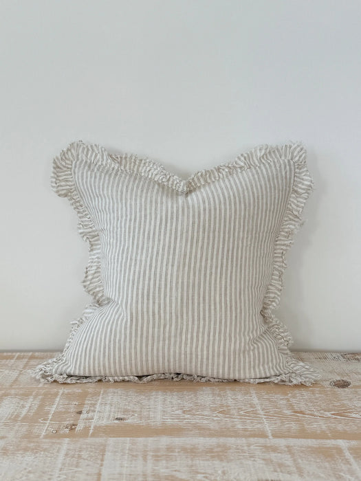 Hallie Natural Stripe Ruffle Linen Cushion - 53x53cm