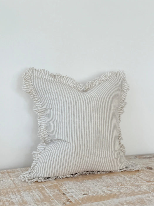 Hallie Natural Stripe Ruffle Linen Cushion - 53x53cm