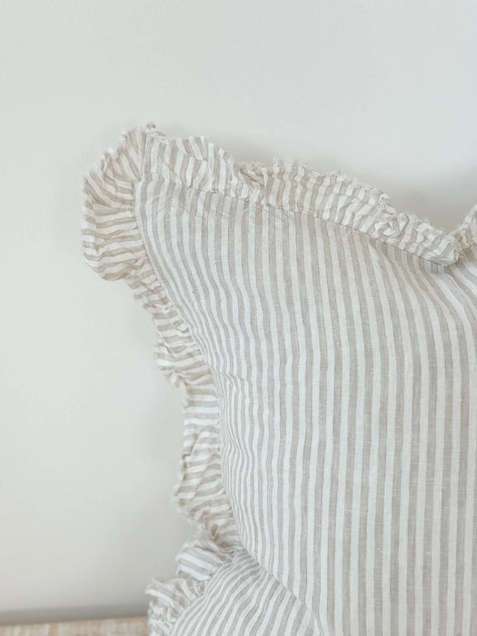 Hallie Natural Stripe Ruffle Linen Cushion - 53x53cm