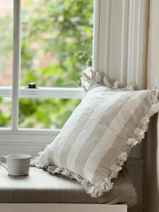 Hallie Natural Wide Stripe Ruffle Linen Cushion - 45x45cm