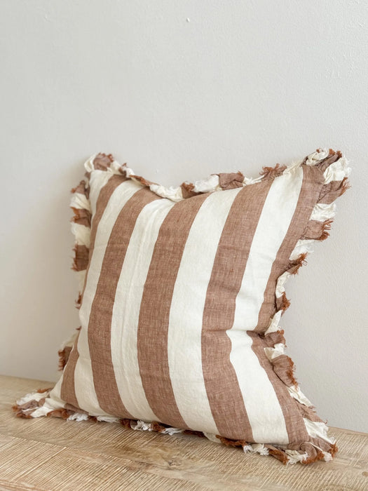 Hallie Rust Wide Stripe Ruffle Linen Cushion - 45x45cm