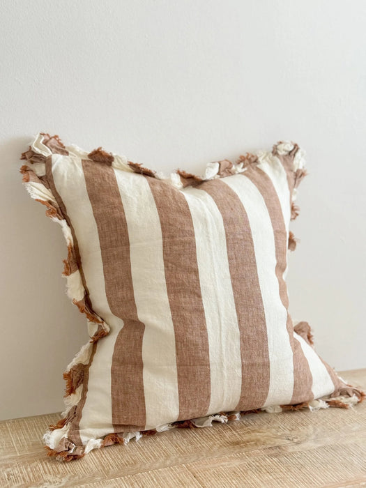 Hallie Rust Wide Stripe Ruffle Linen Cushion - 45x45cm