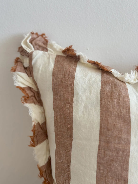 Hallie Rust Wide Stripe Ruffle Linen Cushion - 45x45cm