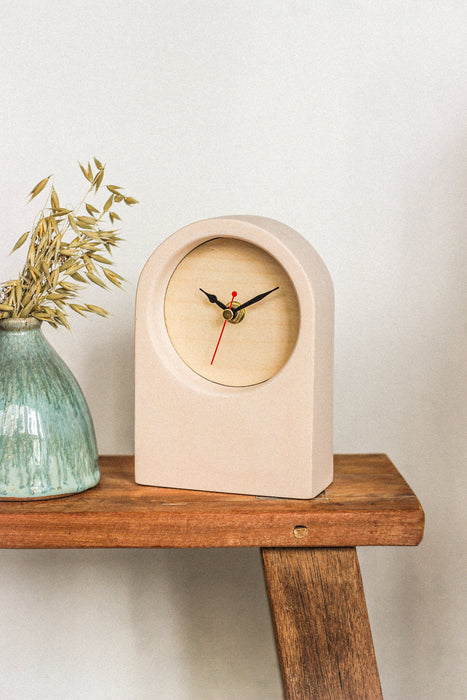 Handmade Concrete Pink & Plywood Desk Clock - Short