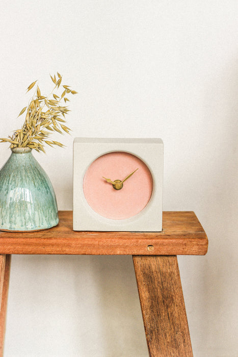 Handmade Concrete & Blush Pink Desk Clock - Square