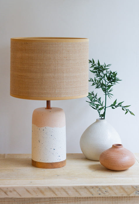 Handmade Slim Pink Layers Eco Resin & Copper Lamp with Oak Wood Base