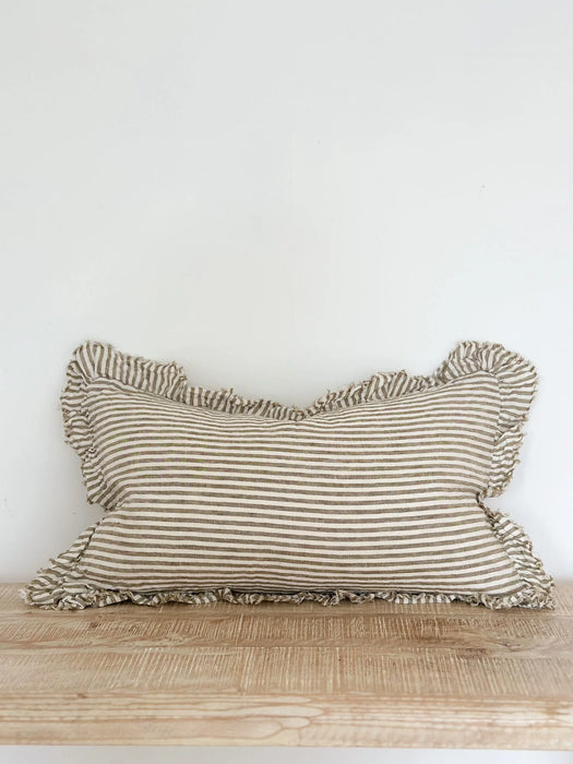 Hallie Olive Green Stripe Ruffle Linen Cushion - 50x30cm