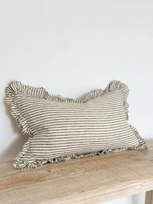 Hallie Olive Green Stripe Ruffle Linen Cushion - 50x30cm