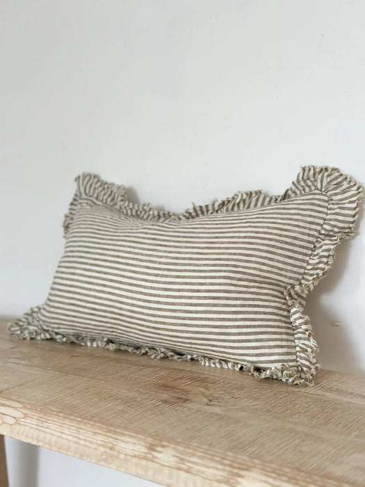 Hallie Olive Green Stripe Ruffle Linen Cushion - 50x30cm