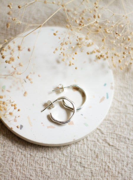 Silver hoop earrings on a terazzo plate with dried flowers.