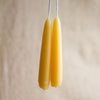 Two beeswax candles held by a hand against a beige background