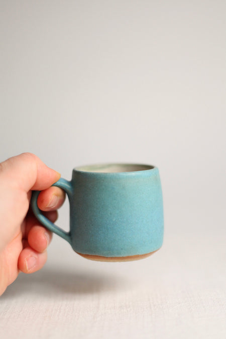 Hand holding a blue ceramic mug against a light background
