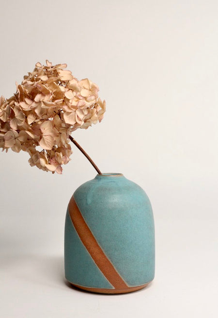 A matt turquoise ceramic vase with a brown stripe, containing a small dried hydrange, on a neutral background.