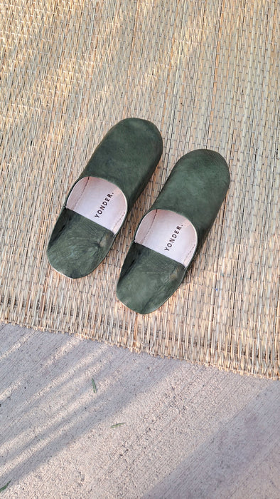 Leather Babouche Slippers - Olive
