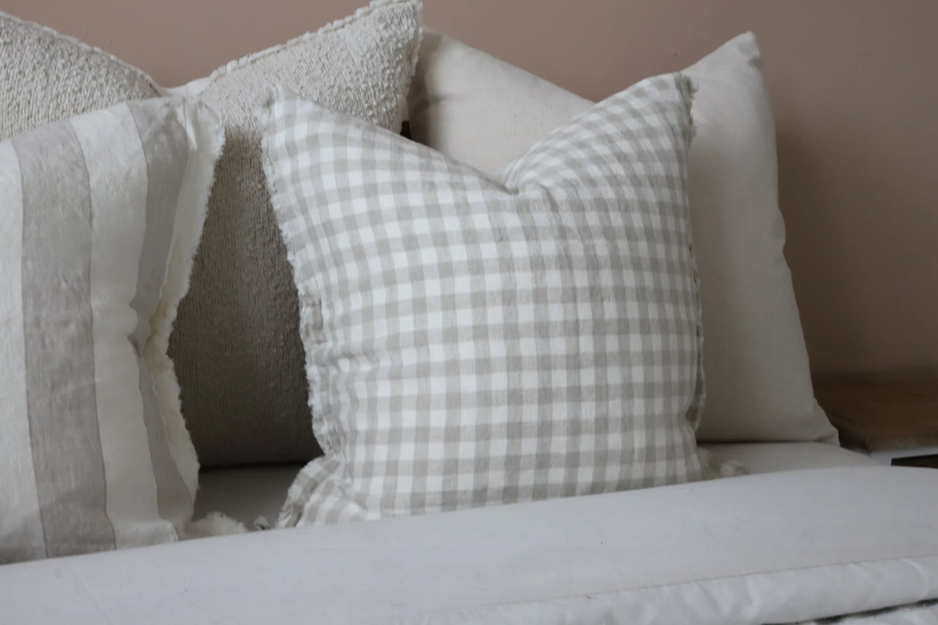 Esmee Natural Gingham Frayed Linen Cushion - 45x45cm