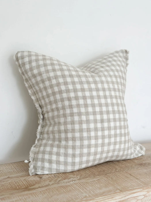 Esmee Natural Gingham Frayed Linen Cushion - 45x45cm