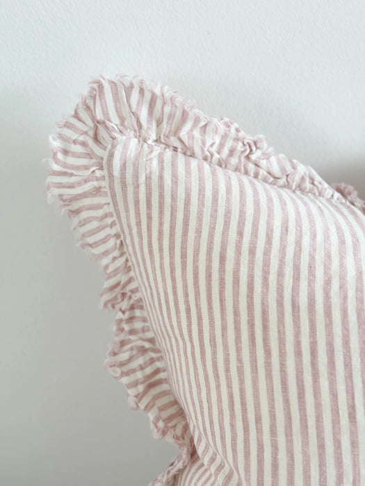 Hallie Pink Stripe Ruffle Linen Cushion - 45x45cm