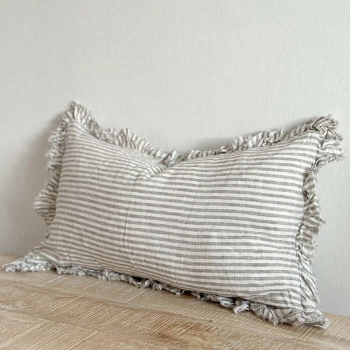 Hallie Grey Stripe Ruffle Linen Cushion - 50x30cm