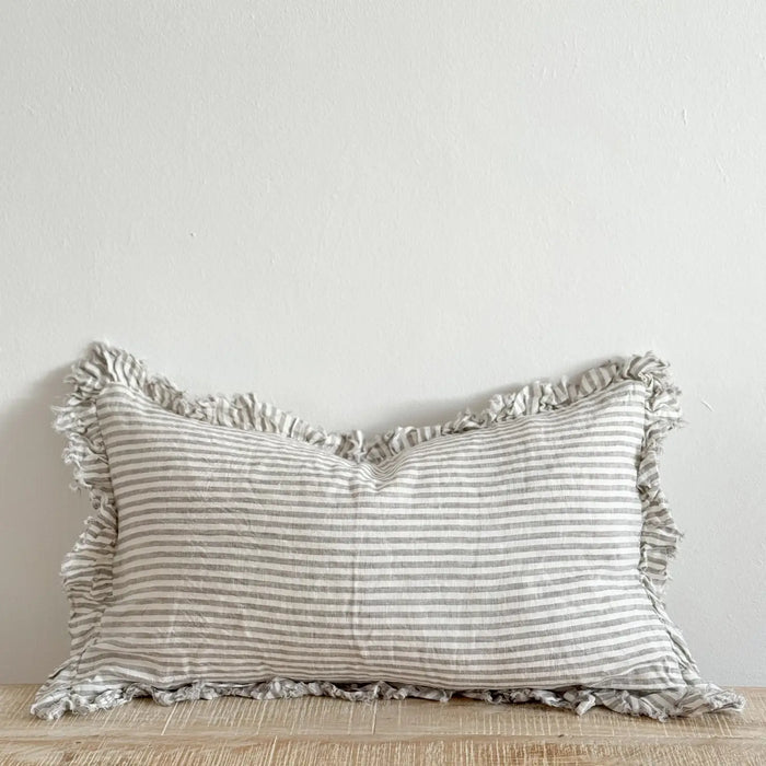 Hallie Grey Stripe Ruffle Linen Cushion - 50x30cm