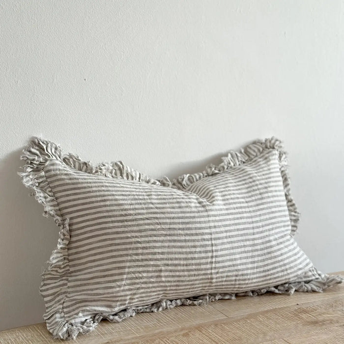 Hallie Grey Stripe Ruffle Linen Cushion - 50x30cm