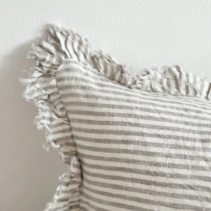 Hallie Grey Stripe Ruffle Linen Cushion - 50x30cm