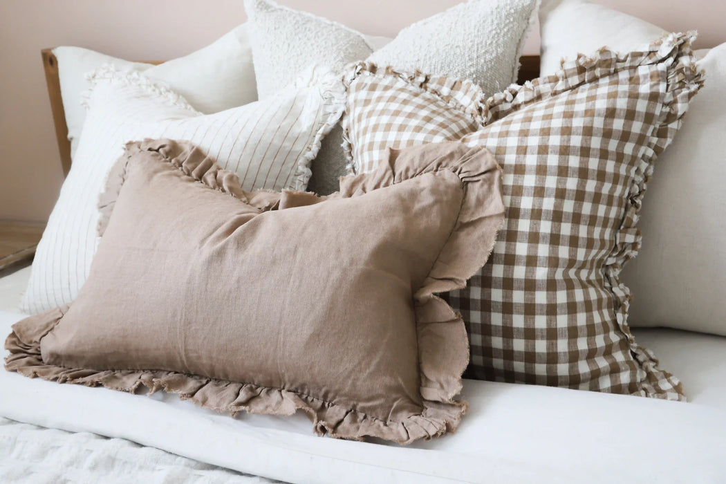 Hallie Brown Gingham Ruffle Linen Cushion - 53x53cm