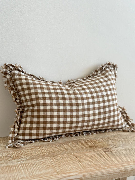 Hallie Brown Gingham Ruffle Linen Cushion - 50x30cm