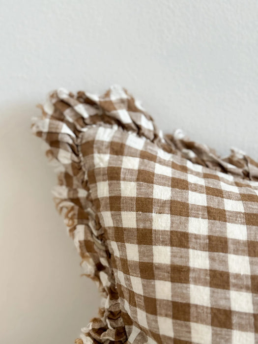 Hallie Brown Gingham Ruffle Linen Cushion - 50x30cm