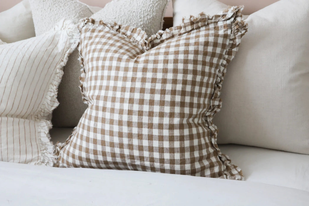 Hallie Brown Gingham Ruffle Linen Cushion - 53x53cm