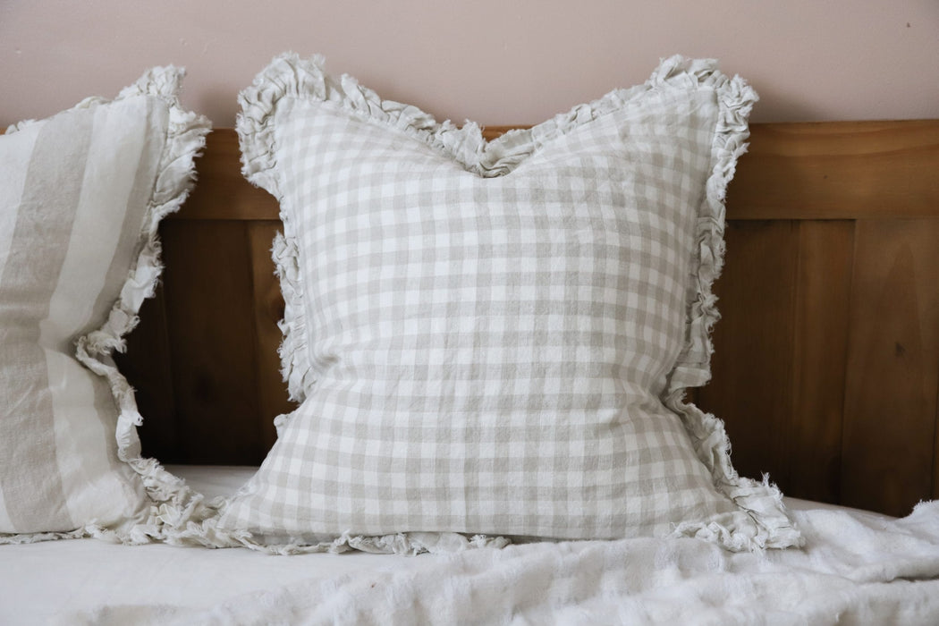 Hallie Natural Gingham Ruffle Linen Cushion - 53x53cm