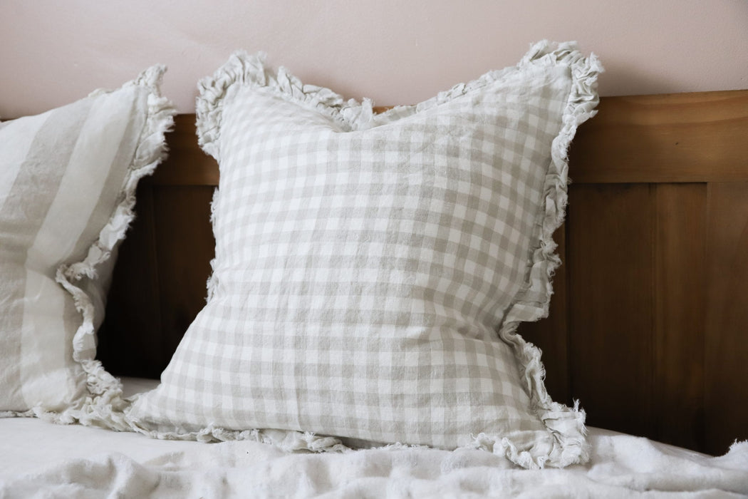 Hallie Natural Gingham Ruffle Linen Cushion - 53x53cm