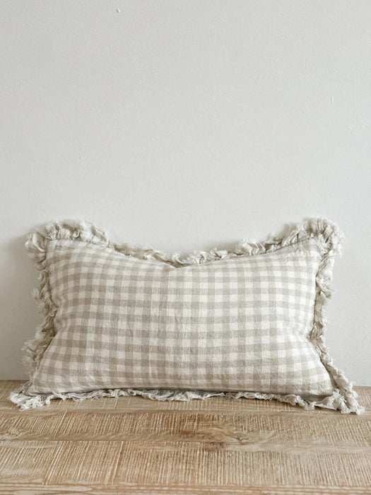 Hallie Natural Gingham Ruffle Linen Cushion - 50x30cm