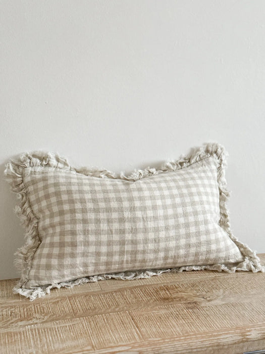 Hallie Natural Gingham Ruffle Linen Cushion - 50x30cm