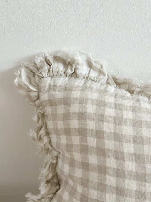 Hallie Natural Gingham Ruffle Linen Cushion - 50x30cm