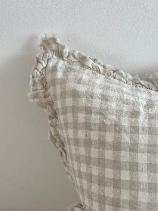 Hallie Natural Gingham Ruffle Linen Cushion - 53x53cm