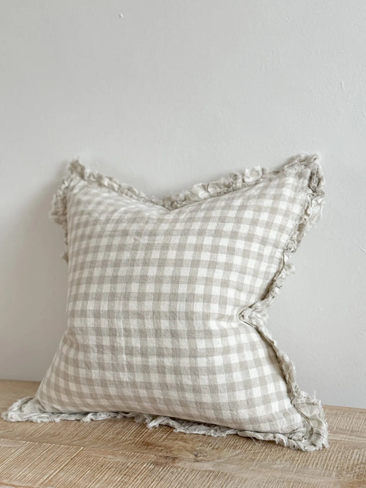 Hallie Natural Gingham Ruffle Linen Cushion - 53x53cm