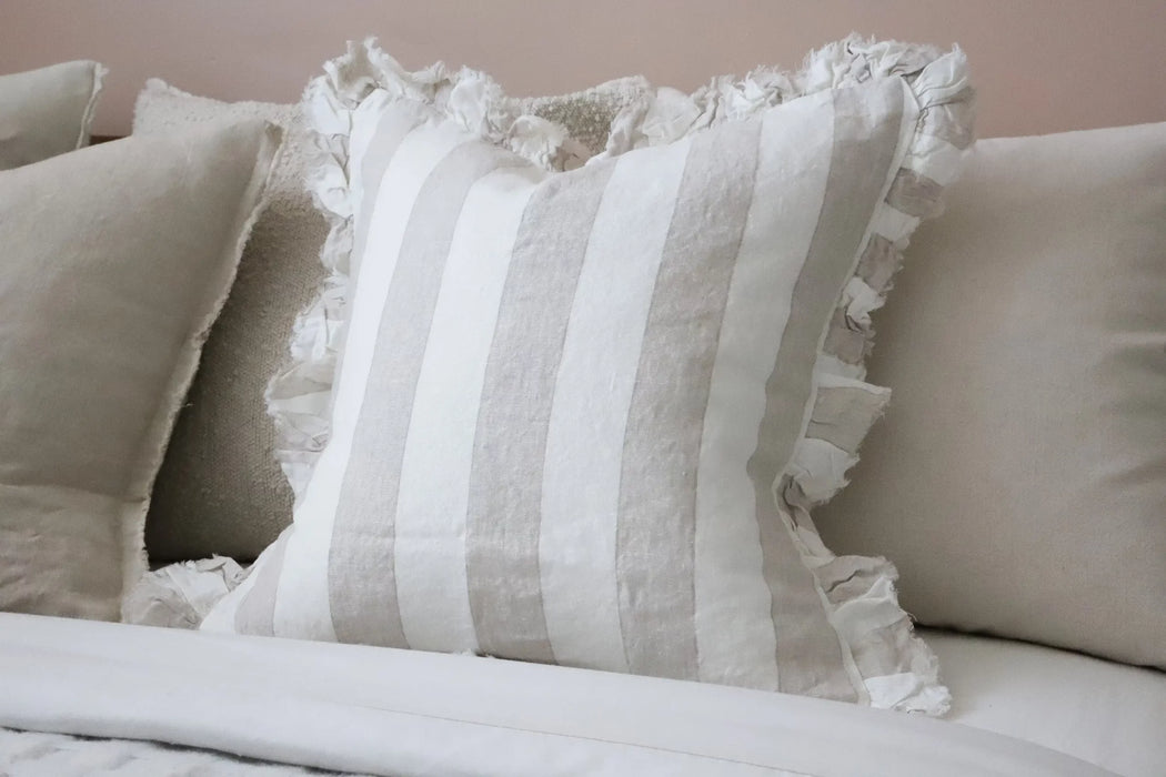 Hallie Natural Wide Stripe Ruffle Linen Cushion - 45x45cm