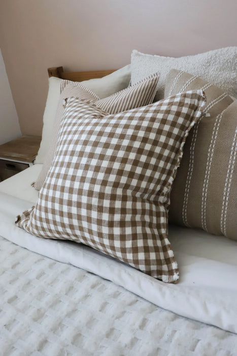 Esmee Linen Frayed Edge Brown Gingham Cushion - 45x45cm