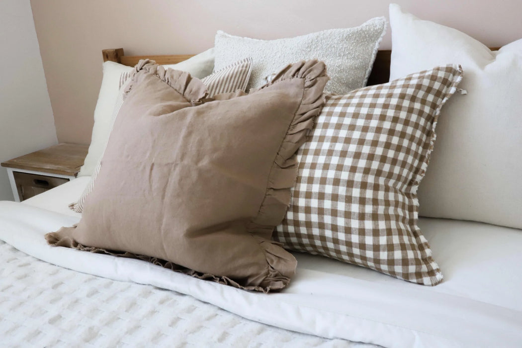 Esmee Linen Frayed Edge Brown Gingham Cushion - 45x45cm
