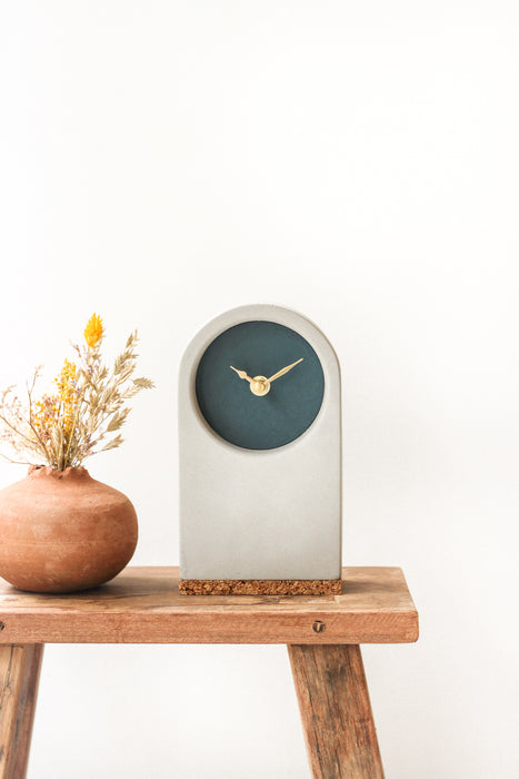 Handmade Concrete Grey & Inchyra Blue Desk Clock with Cork Base