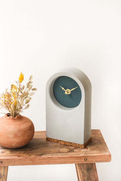 Handmade Concrete Grey & Inchyra Blue Desk Clock with Cork Base