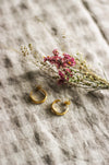 A pair of small gold hoop earrings, laying next to pink dried flowers, on a neutral gingham surface
