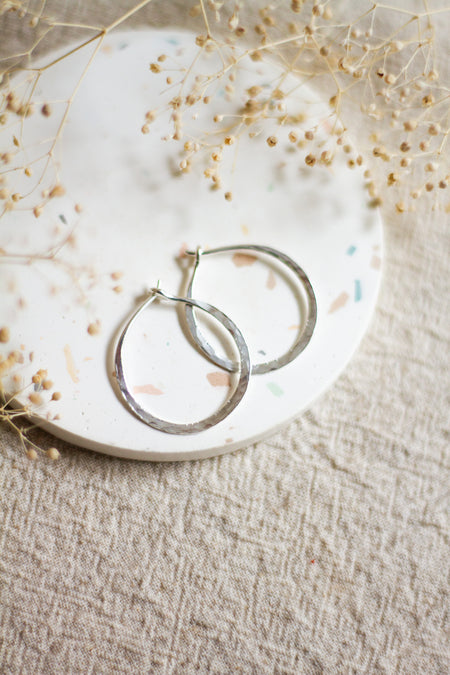 Silver hoop earrings on a textured surface with dried flowers.