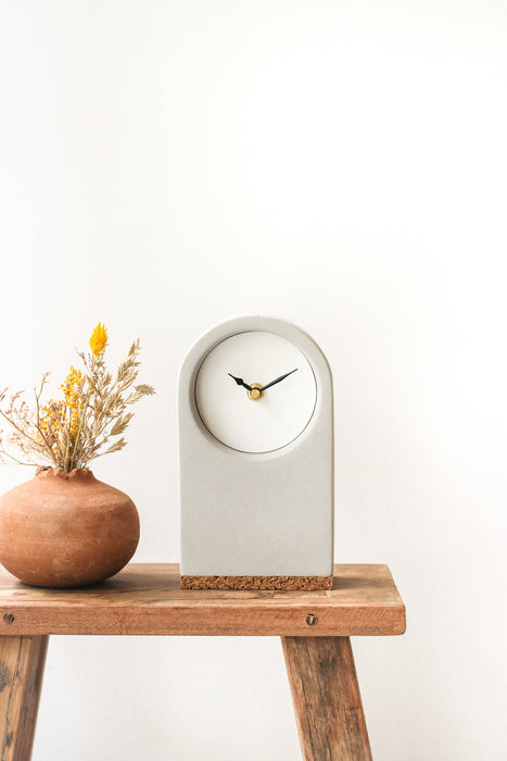 Handmade Concrete Grey & White Desk Clock with Cork Base