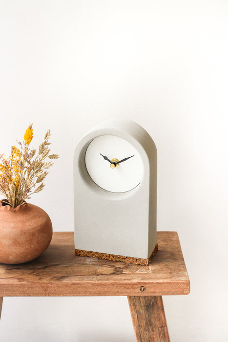 Handmade Concrete Grey & White Desk Clock with Cork Base