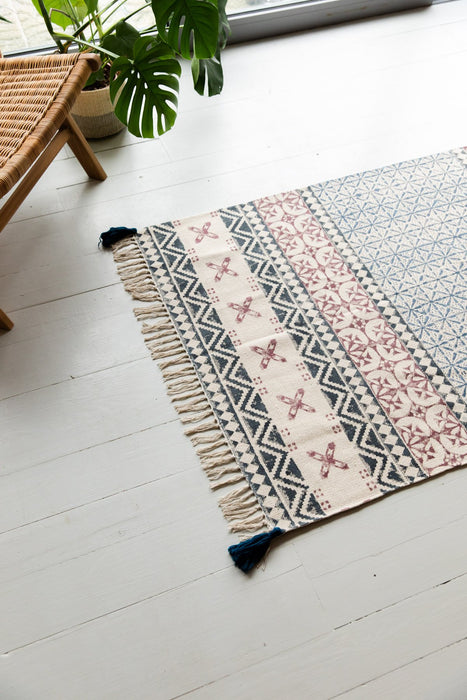 Blue, Grey & Dusty Pink Hand Block Printed Rug (2 Sizes)