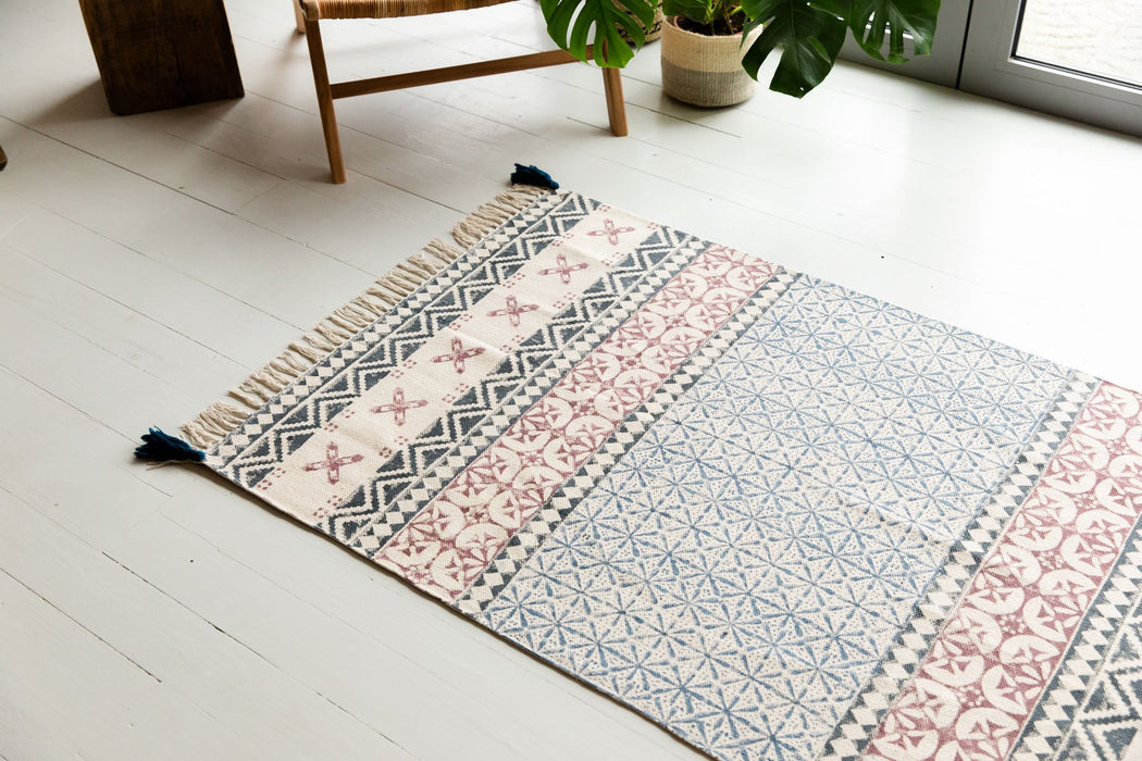 Blue, Grey & Dusty Pink Hand Block Printed Rug (2 Sizes)