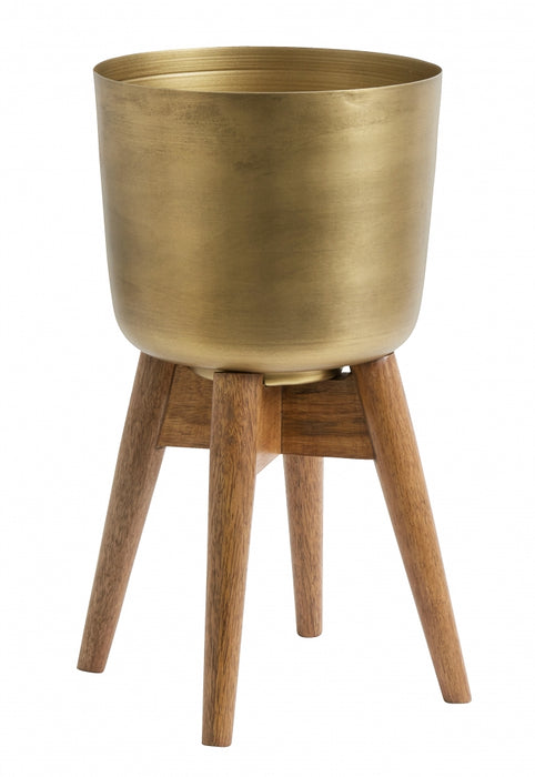 Brass & Wood Planter on Stand