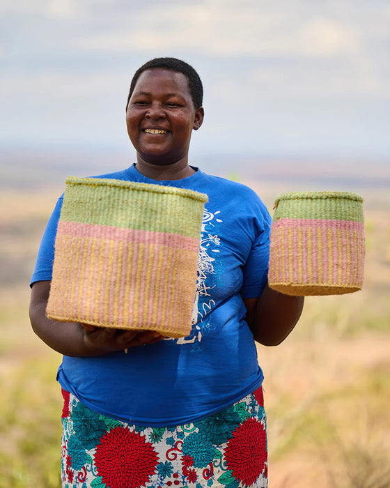 Woven Storage Basket | Pink, Yellow & Green Stripe